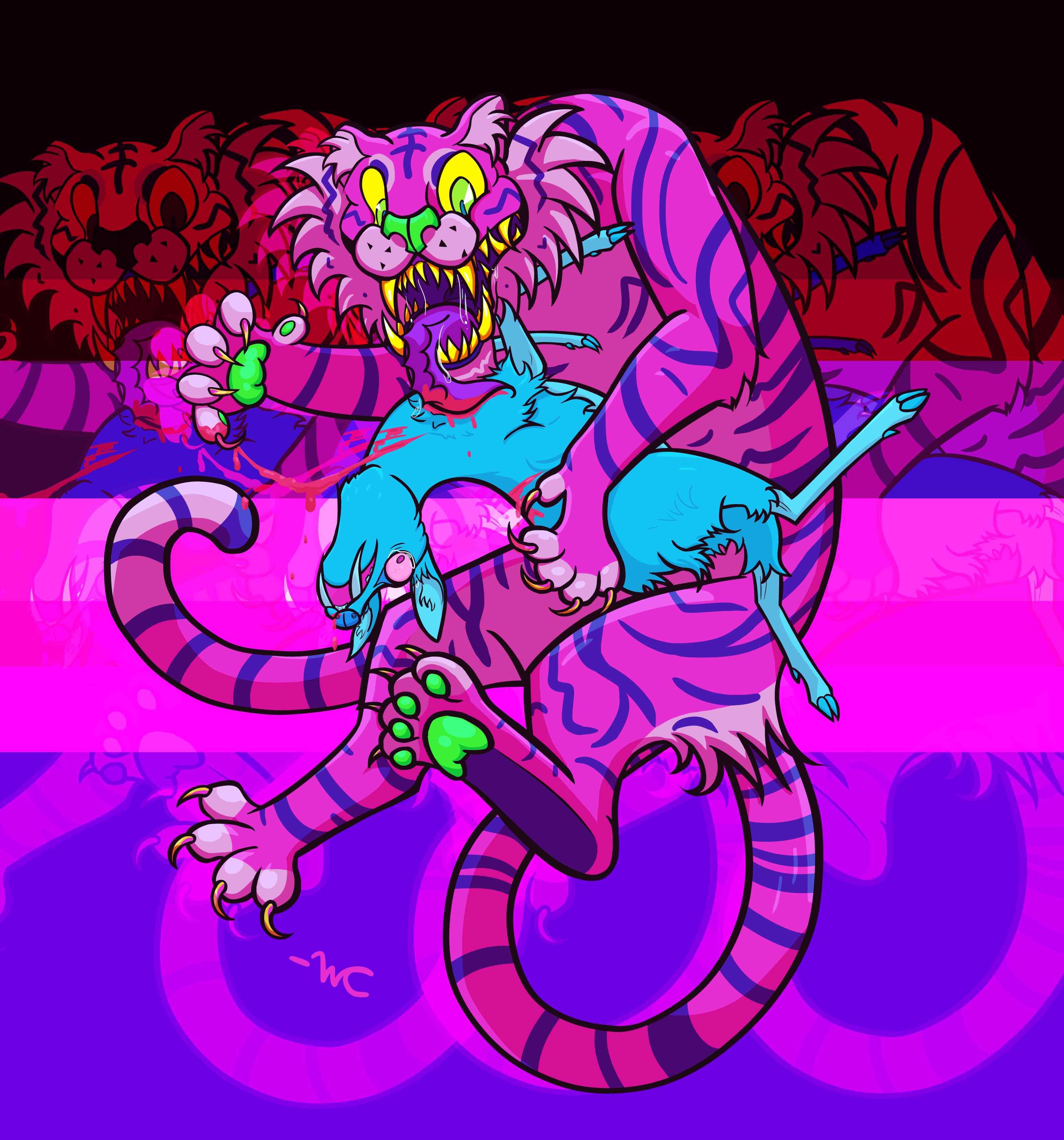 A brightly-coloured cartoon drawing of a tiger and a musk deer. The tiger is pink and purple, and is holding onto the frightened musk deer with its claws, licking it and causing it to bleed. The musk deer is bright blue.